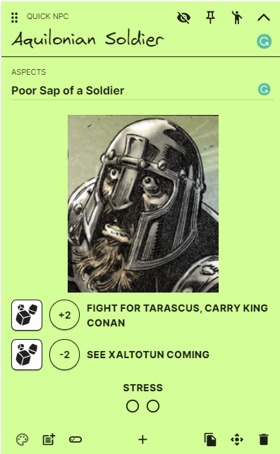 A Fari NPC card for a Poor Sap of a Soldier based on FAE mook rules, with 3 custom Skills, including a Terrible (-2) See Xaltotun Coming, and 2 stress boxes.