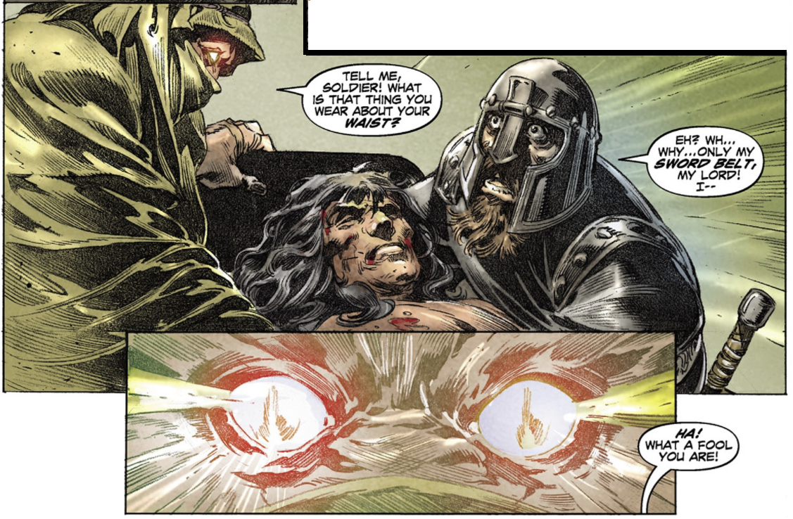 Xaltotun addresses an Aquilonian soldier who just carried the unconscious body of King Conan.